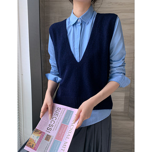 Buy Elegant Deep V-Neck Pure Wool Layered Knit Vest for Women global swanky 3