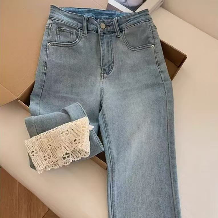 Buy Fashionable Retro Lace Straight-Leg Denim Jeans for Women global swanky 2