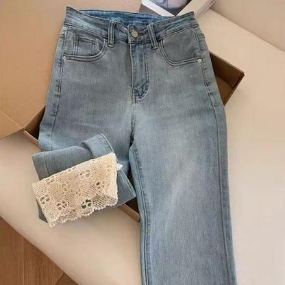 Buy Fashionable Retro Lace Straight-Leg Denim Jeans for Women global swanky 2