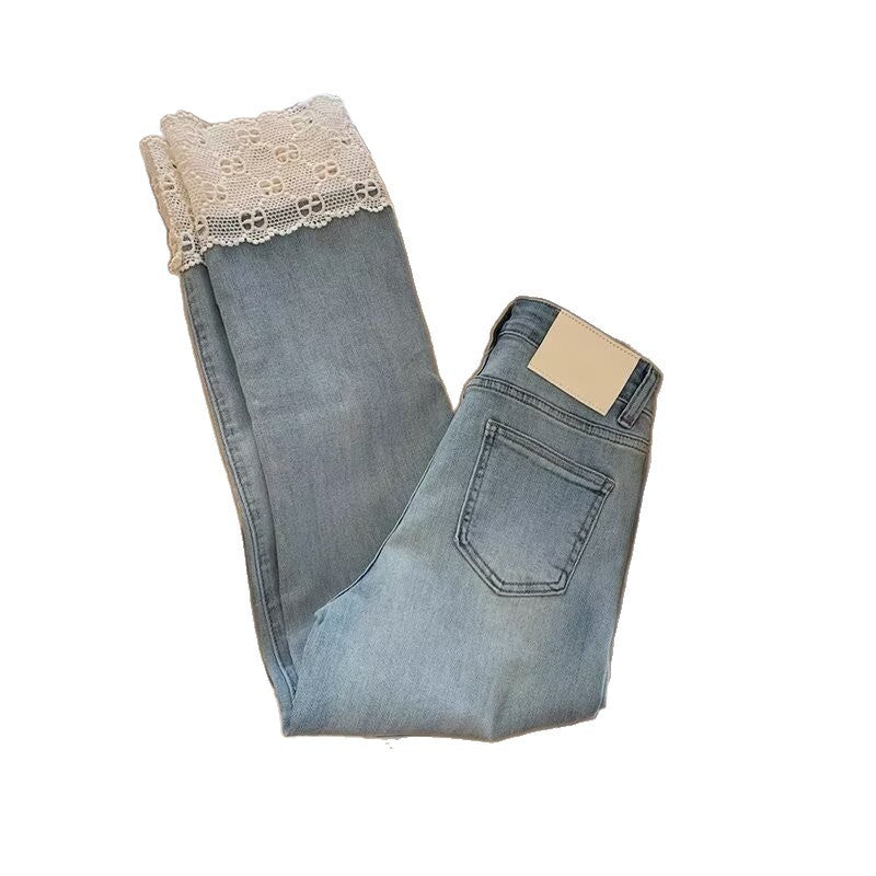 Buy Fashionable Retro Lace Straight-Leg Denim Jeans for Women global swanky 3