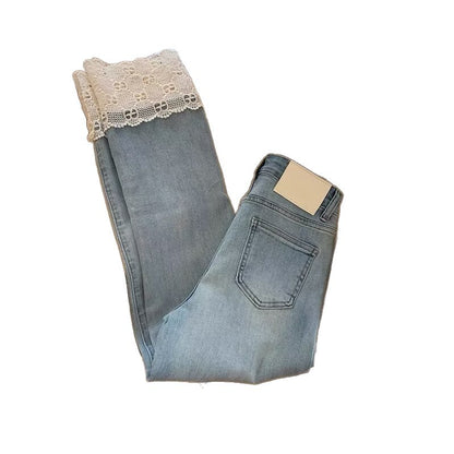 Buy Fashionable Retro Lace Straight-Leg Denim Jeans for Women global swanky 3