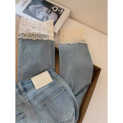 Buy Fashionable Retro Lace Straight-Leg Denim Jeans for Women global swanky 4