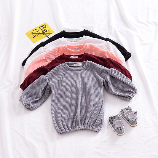 Buy Girls Spring Lantern Sleeve Solid Color Kids T-shirt Top global swanky 2