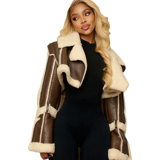 Buy Leather-and-Fur-Trim Short Jacket For Women – Winter Style global swanky 2