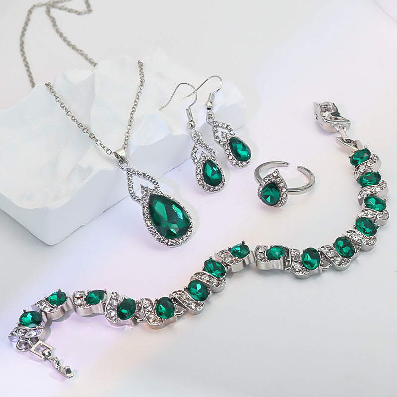 Buy Light Luxury Zircon Necklace Earrings Open Ring Jewelry Suit Global Swanky 1
