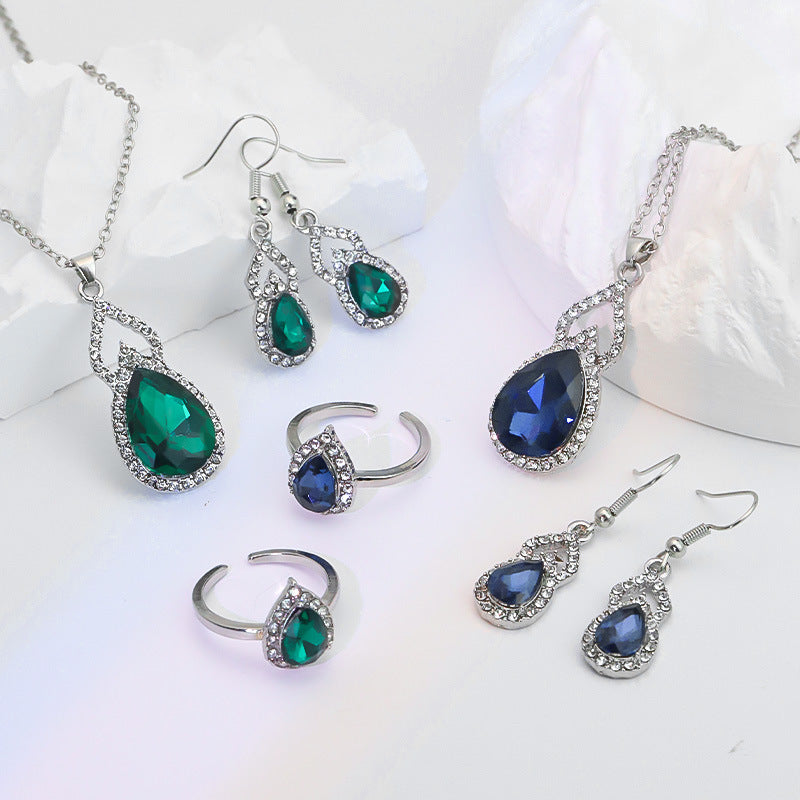 Buy Light Luxury Zircon Necklace Earrings Open Ring Jewelry Suit Global Swanky 2