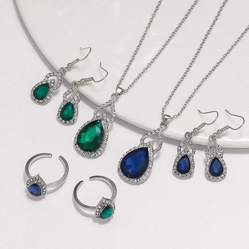 Buy Light Luxury Zircon Necklace Earrings Open Ring Jewelry Suit Global Swanky 3