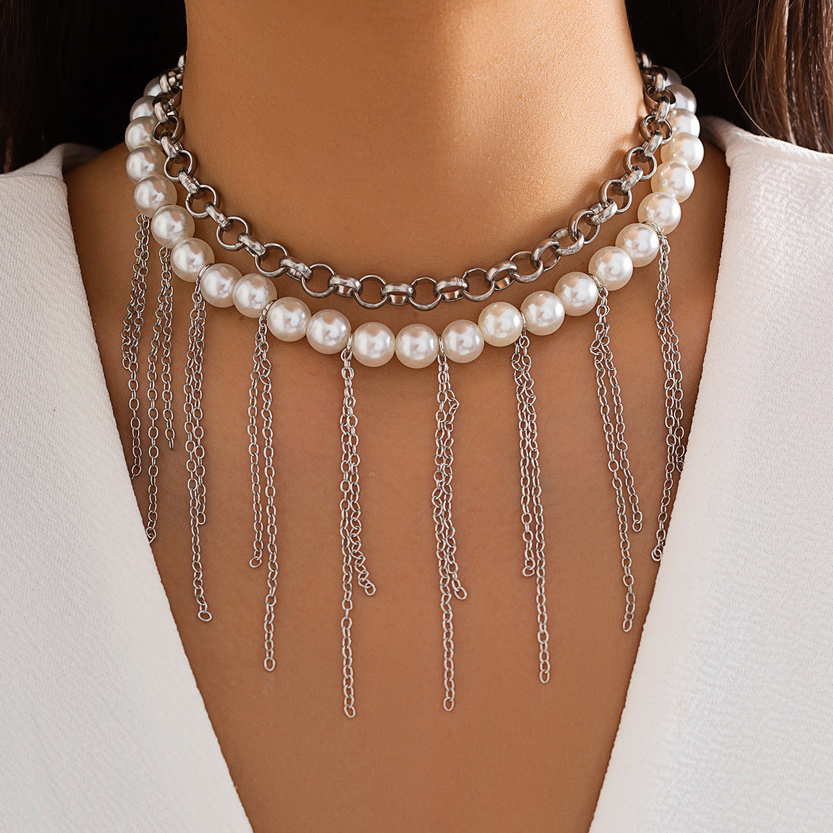 Buy Pearl Tassel Double-Layer Retro Necklace Fun Design Jewelry global swanky 2
