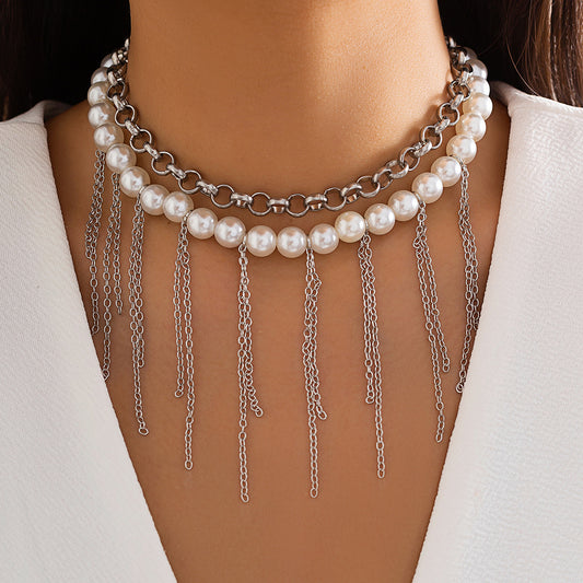 Buy Pearl Tassel Double-Layer Retro Necklace Fun Design Jewelry global swanky 2