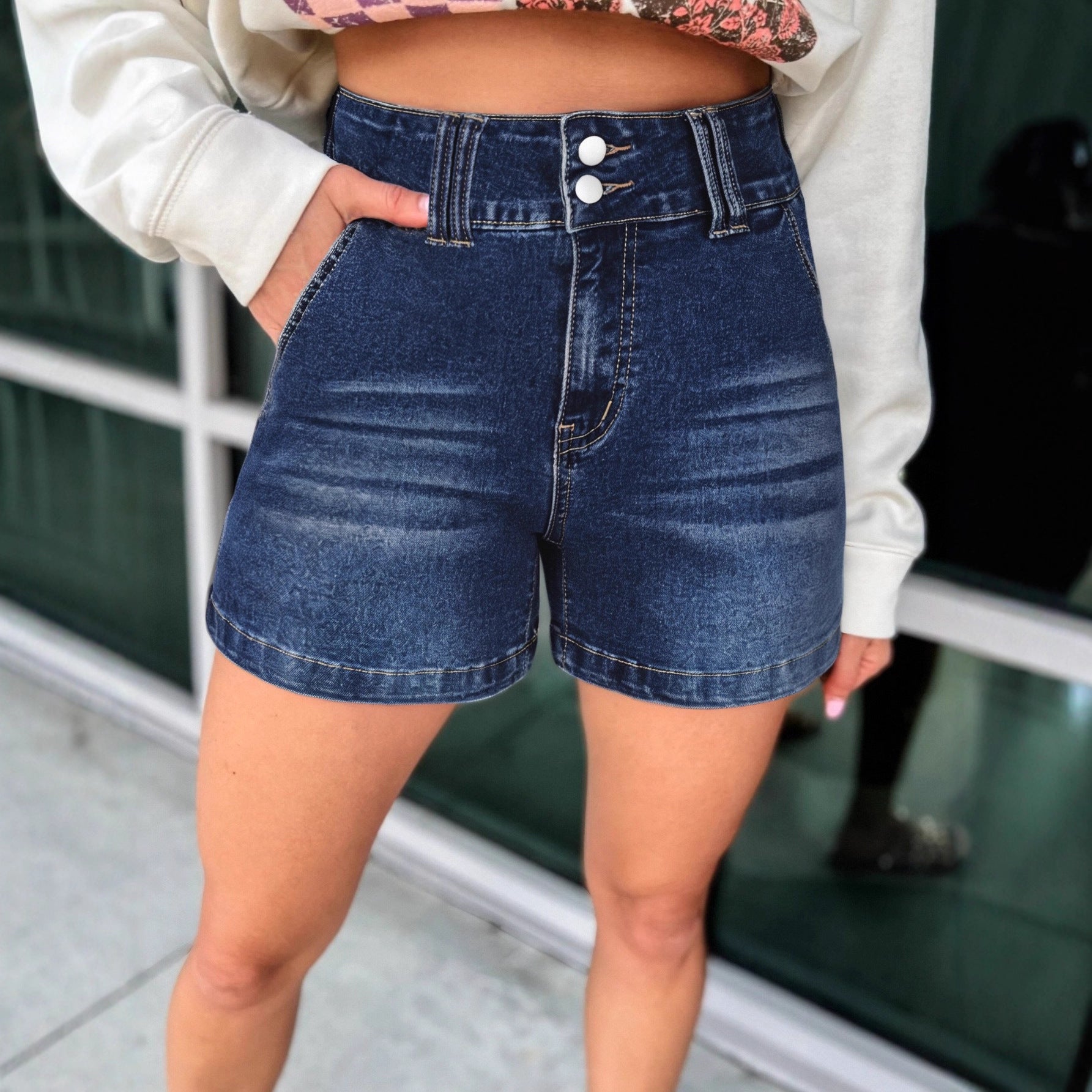 Buy Retro Women’s Low-Waist Deep-Blue Denim Shorts American Style global swanky 1