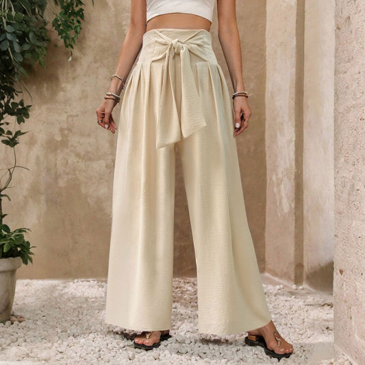 Buy Solid-Color High-Waist Tie-Front Wide-Leg Pants for Women global swanky 1