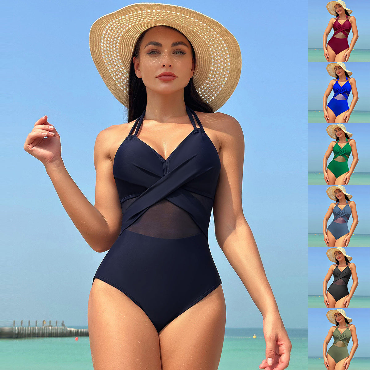 Buy Solid Color One-piece Swimsuit | Halter-neck Mesh Beachwear global swanky 1