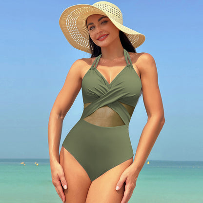 Buy Solid Color One-piece Swimsuit | Halter-neck Mesh Beachwear global swanky 3