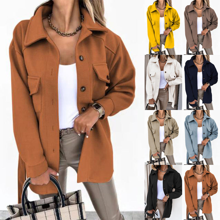 Buy Stylish Solid-Color Lapel Wool Coat With Button & Tie Details global swanky 1