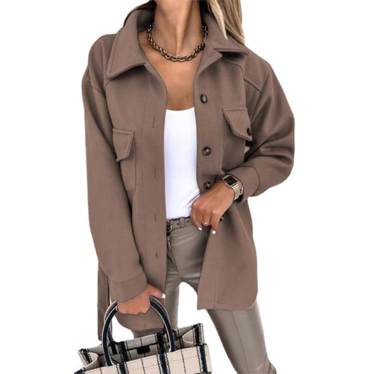 Buy Stylish Solid-Color Lapel Wool Coat With Button & Tie Details global swanky 2