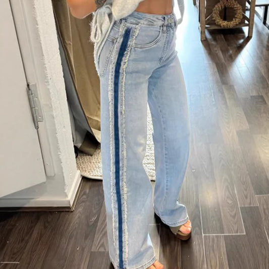 Buy Stylish Versatile Women’s Distressed Straight Jeans With Trim global swanky 1