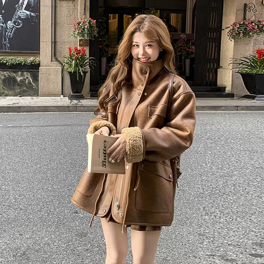Buy Thickened Lambskin Coat With Integrated Fur Lining for Women global swanky 1