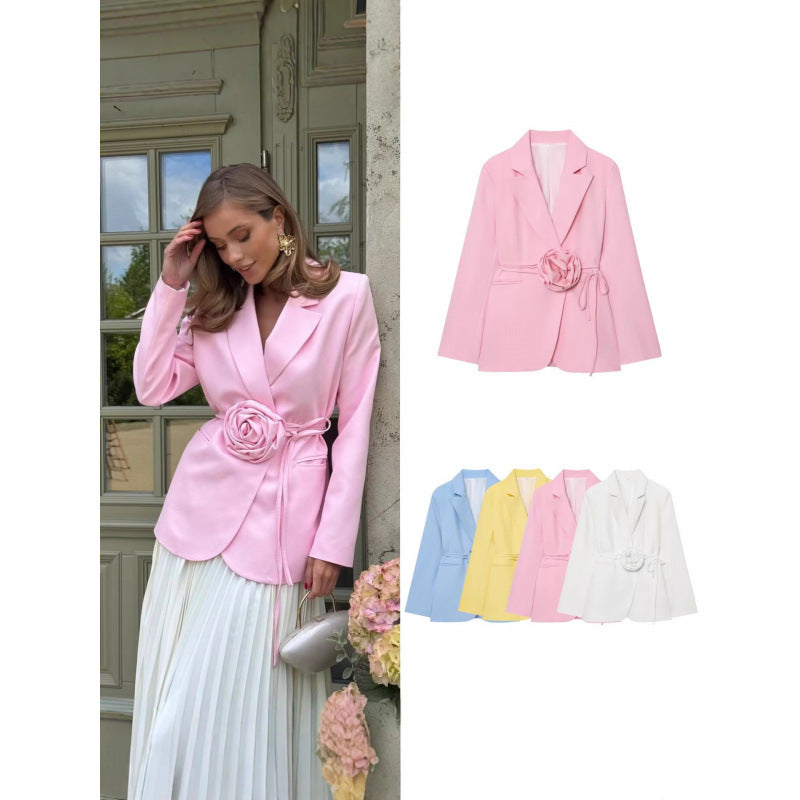 Buy Trendy Loose-Fit Lace-Up Blazer With 3D Floral Embellishments global swanky 2