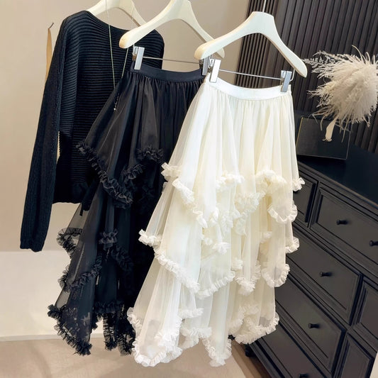 Buy Women’s Fashion Irregular Ruffle Trim Mesh Skirt Stylish & Chic global swanky 1