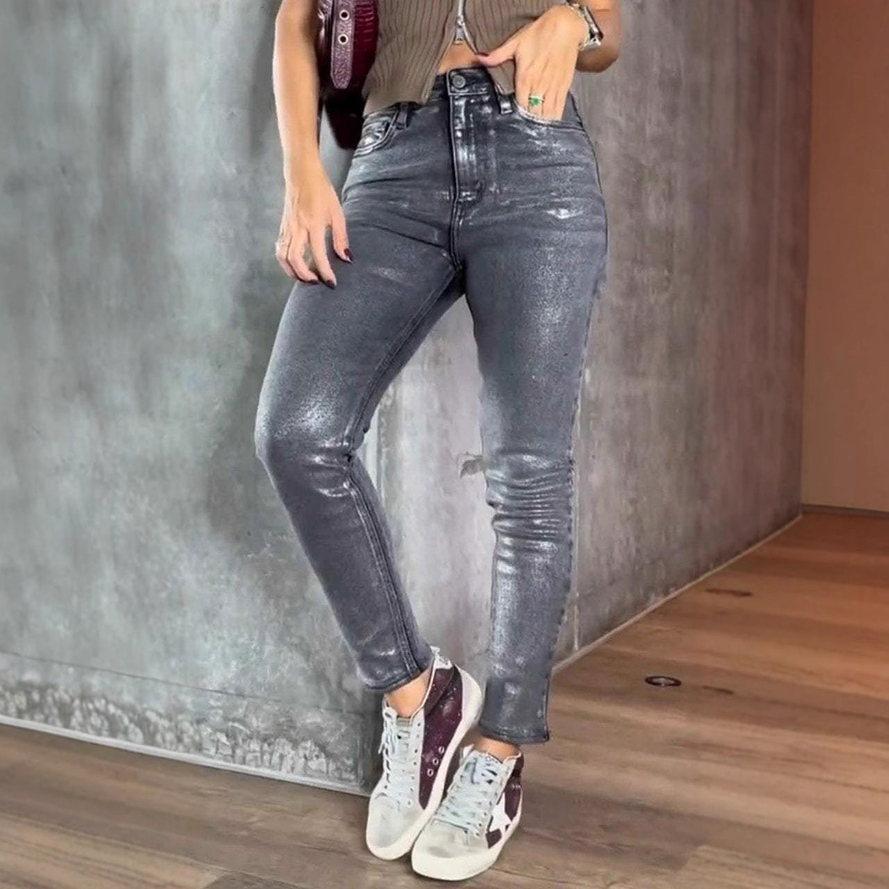 Buy Women’s Gold and Silver Stamping Stretch Skinny Jeans Online global swanky 1