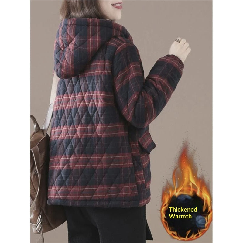 Buy Women’s Short Cotton-Padded Plaid Coat for Fall and Winter global swanky 3