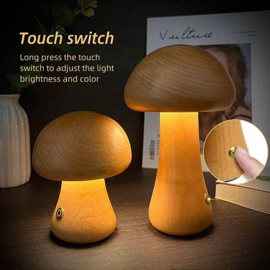Buy Wooden Mushroom LED Night Light Touch Switch Bedside Lamp global swanky 2