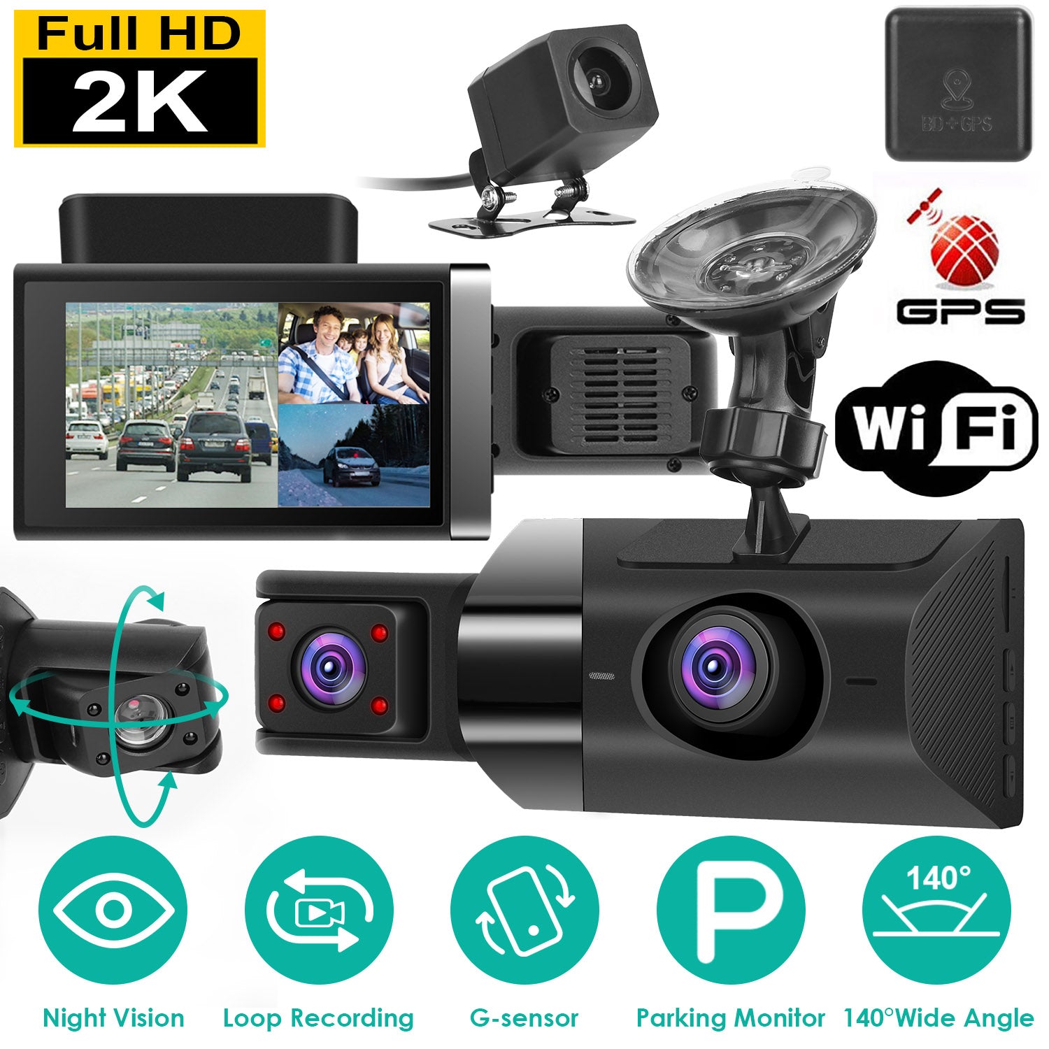 Car Dash Cam 2K 3 Channel DVR with GPS WiFi Parking Monitor global swanky 1