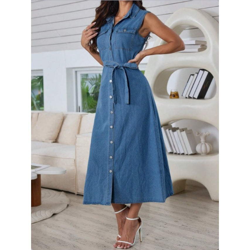  Classic Women's Denim Dress with Belt and Front Button Design
global-swanky 1