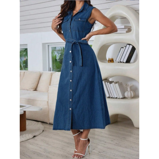  Classic Women's Denim Dress with Belt and Front Button Design
global-swanky 2