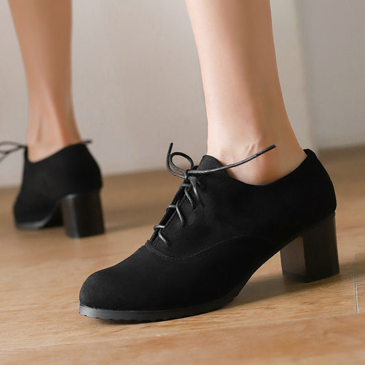Deep-V Cut Womens Chunky Heel Round-Toe Lace-Up Shoes global swanky 1