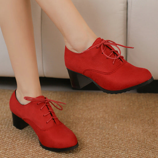 Deep-V Cut Womens Chunky Heel Round-Toe Lace-Up Shoes global swanky 2