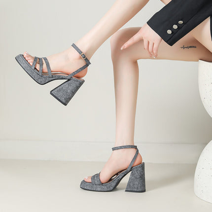 Denim-strapped Sandals for Women with Round Toe & Chunky Heel globalswanky 1
