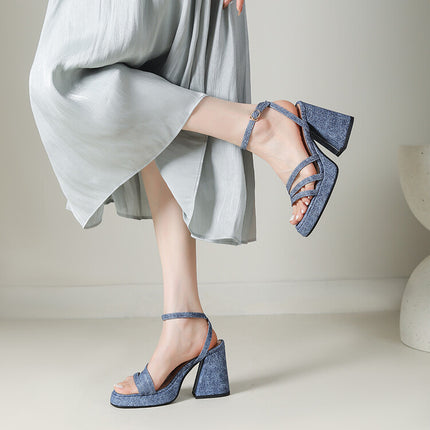 Denim-strapped Sandals for Women with Round Toe & Chunky Heel globalswanky 4