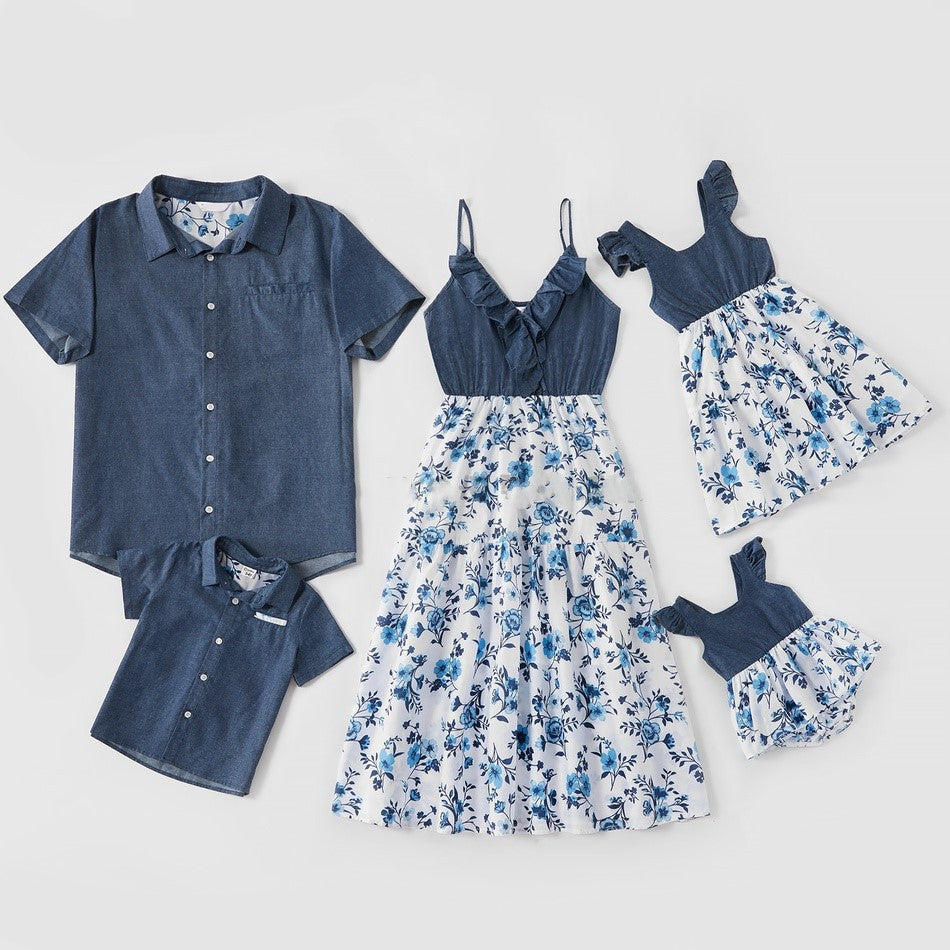 Family Matching Family Denim Sling Skirt Baby Girl Mom Dad Boy Boy Shirt Parent-Child Global swanky 1