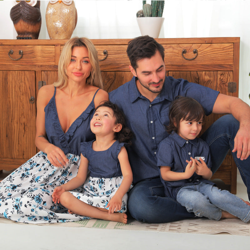 Family Matching Family Denim Sling Skirt Baby Girl Mom Dad Boy Boy Shirt Parent-Child Global swanky 2