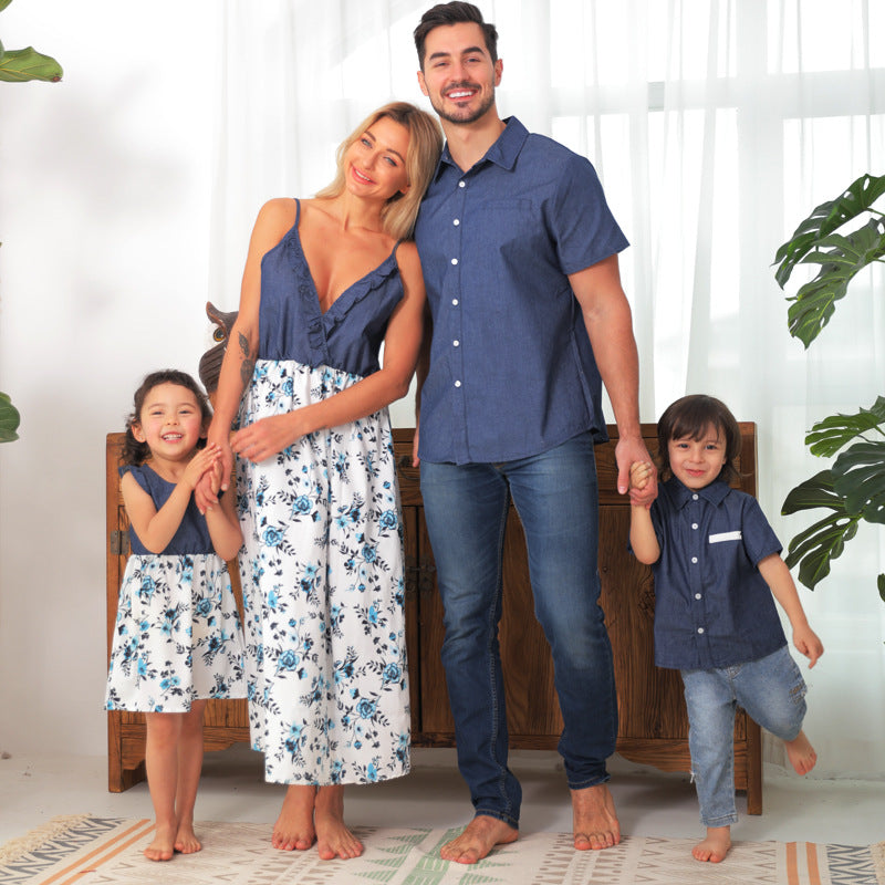 Family Matching Family Denim Sling Skirt Baby Girl Mom Dad Boy Boy Shirt Parent-Child Global swanky 3