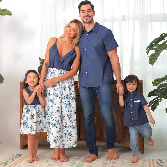 Family Matching Family Denim Sling Skirt Baby Girl Mom Dad Boy Boy Shirt Parent-Child Global swanky 3