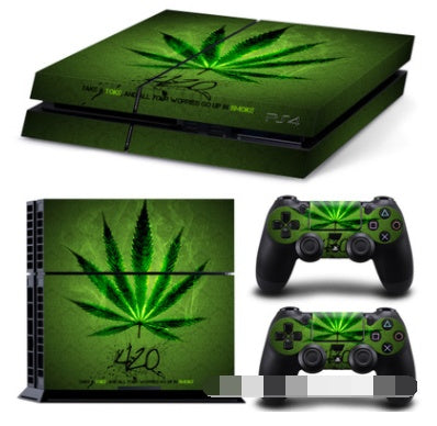 Gaming console and controllers with green cannabis leaf design on a white background Global swanky 1
