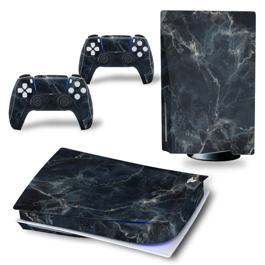 Gaming console and controllers with marble pattern skin on a white background global swanky 3