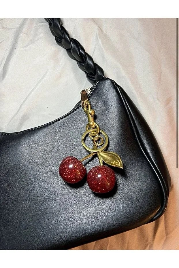 Glitter Cherry Red Bag Charm With Gold Detail | Cute Keychain globalswanky 2