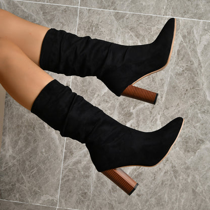 High Block Heels Boots for Women Mid-Calf Suede Party Wear Global swanky 2