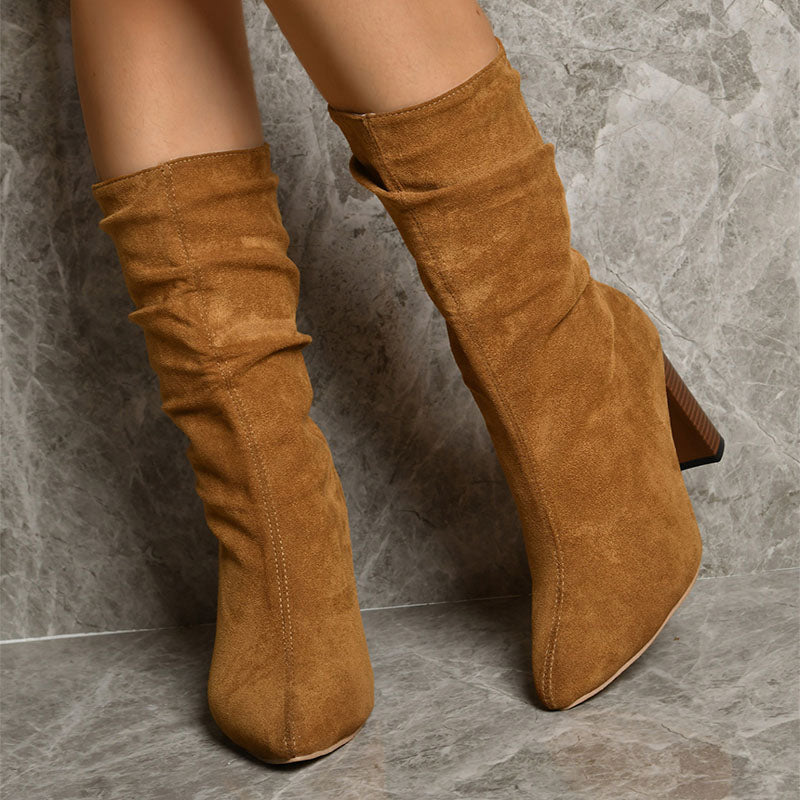 High Block Heels Boots for Women Mid-Calf Suede Party Wear Global swanky 3