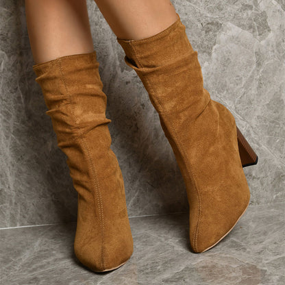 High Block Heels Boots for Women Mid-Calf Suede Party Wear Global swanky 3
