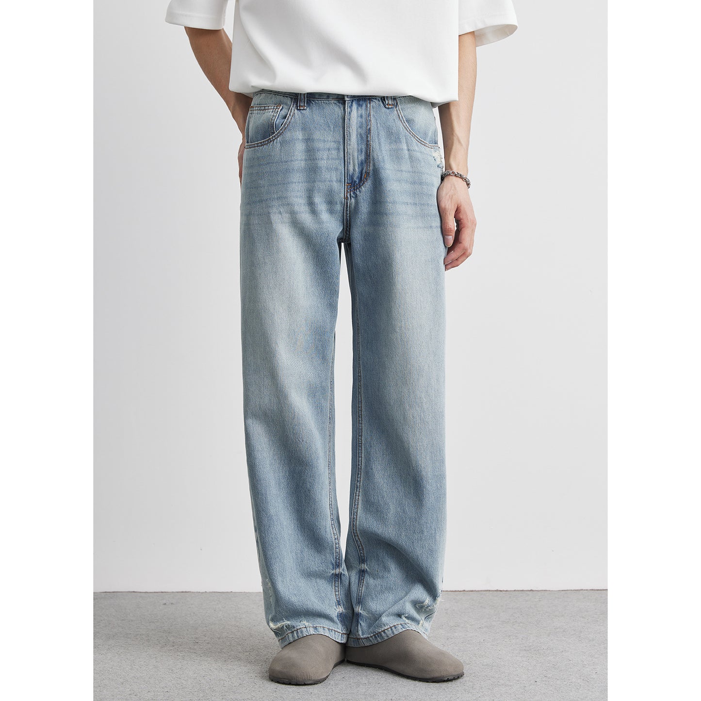 Light-wash Mens Ripped Straight-leg Jeans Global swanky 2