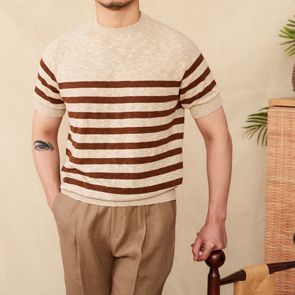 
Linen Leisure Cotton Short Sleeve Round Neck Stripe Knitted T-shirt
Global swanky 1