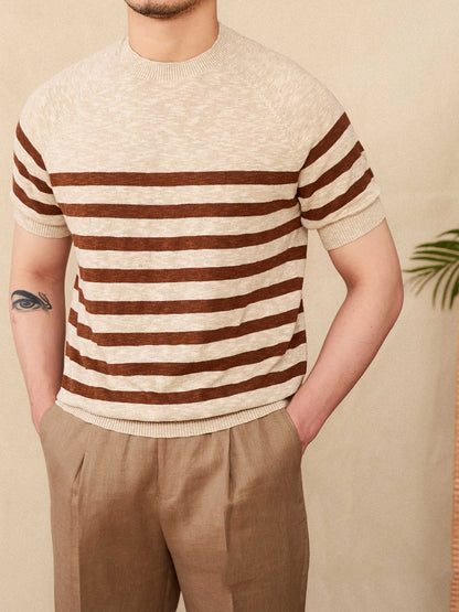 Linen Leisure Cotton Short Sleeve Round Neck Stripe Knitted T-shirt
Global swanky 3