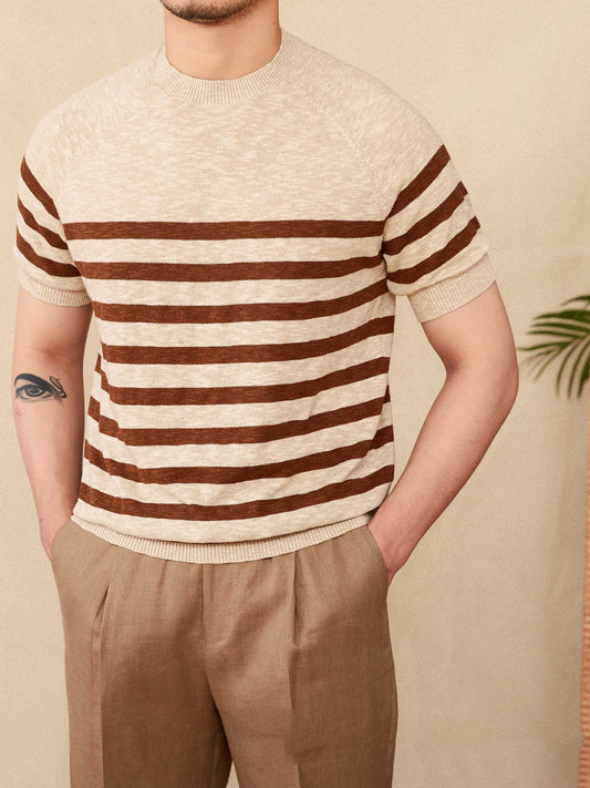 Linen Leisure Cotton Short Sleeve Round Neck Stripe Knitted T-shirt
Global swanky 3