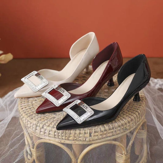 Luxury French Rhinestone Square Buckle Pointed Toe Pumps global swanky 1