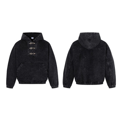 Men’s Black Hoodie – Stylish Distressed Wash Button Detailing global swanky 1