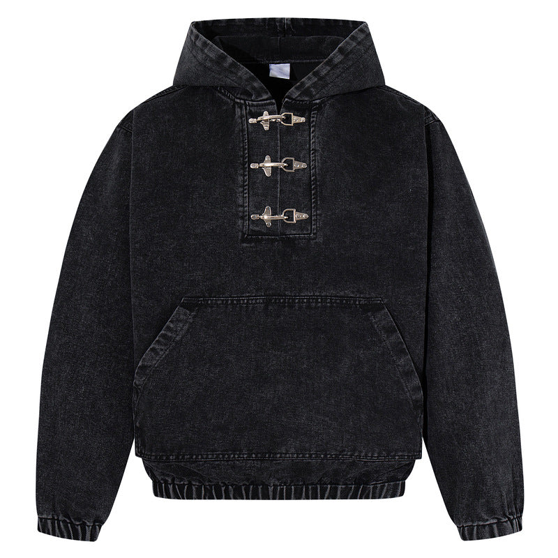 Men’s Black Hoodie – Stylish Distressed Wash Button Detailing global swanky 2